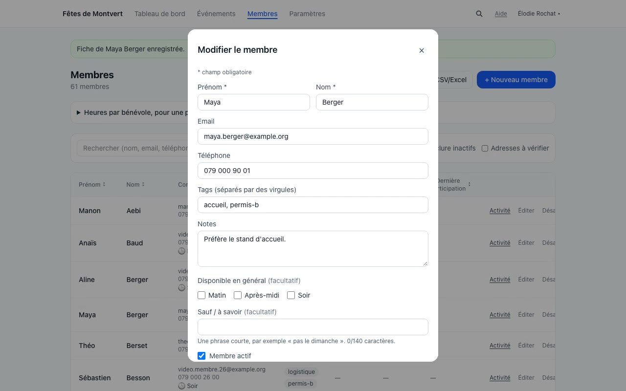 La fiche d'un membre : prénom, nom, email, téléphone, étiquettes, notes et disponibilités générales.