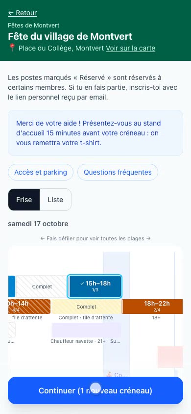 La page d'inscription sur un téléphone : le créneau choisi, puis le court formulaire « Vos informations ».